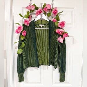 Kinross Cashmere Green Ribbed Open Front Designer Tapered Sleeve Small Cardigan